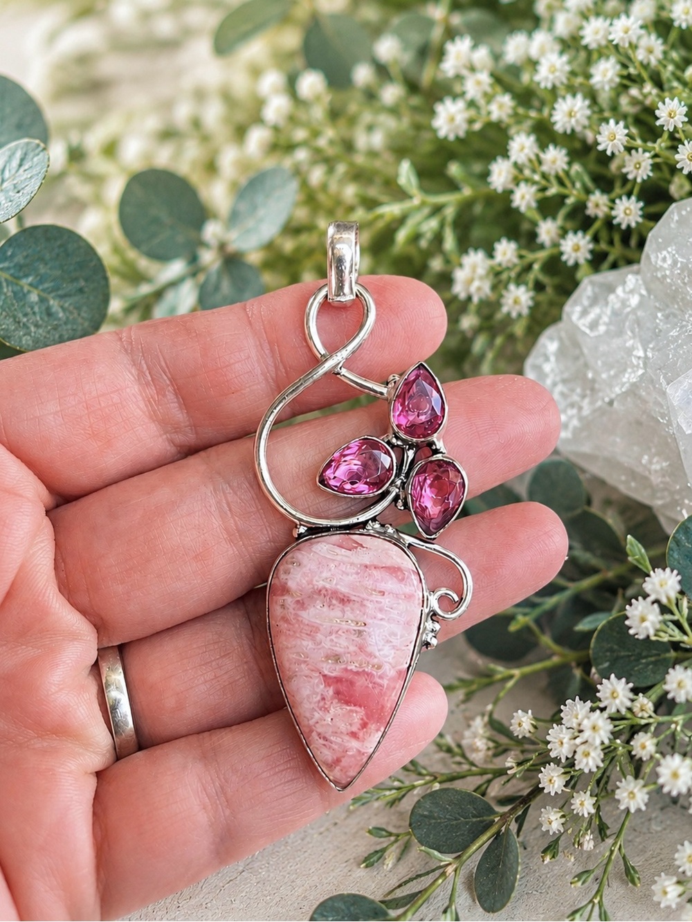 Rhodochrosite & Pink Topaz Gemstone 2.8” Sterling Silver Pendant